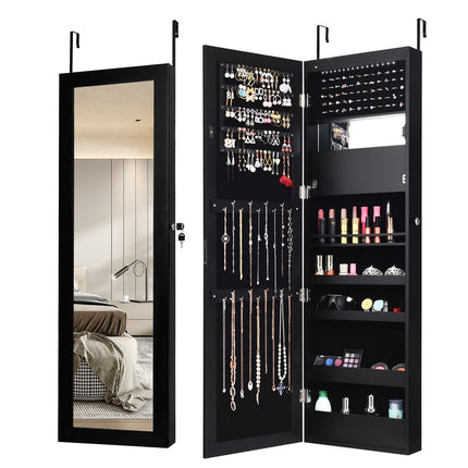 Lockable Wall Door Mounted Mirror Jewelry Cabinet w/LED Lights
