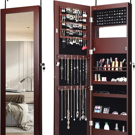 Lockable Wall Door Mounted Mirror Jewelry Cabinet w/LED Lights