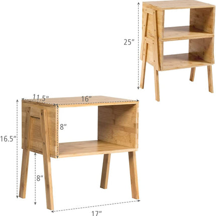 2 Pieces Bamboo Nightstand Sofa Table with Storage Shelf