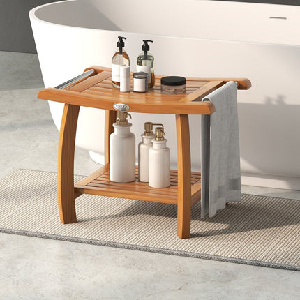 2-Tier Teak Wood Shower Bench Shower Stool with Curved Seat