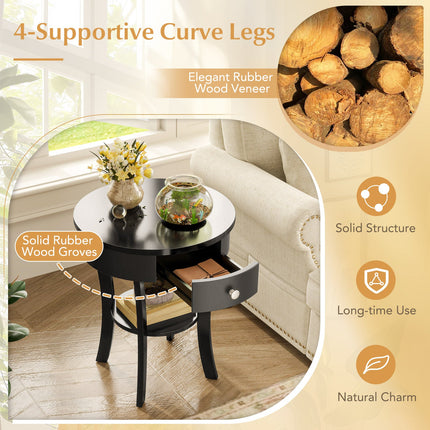 2-Tier Wood Round End Table with Open Drawer-Black