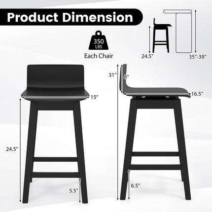 24.5 Inch Swivel Wooden Bar Stools Set of 4 with Rubber Wood Legs and Low Back