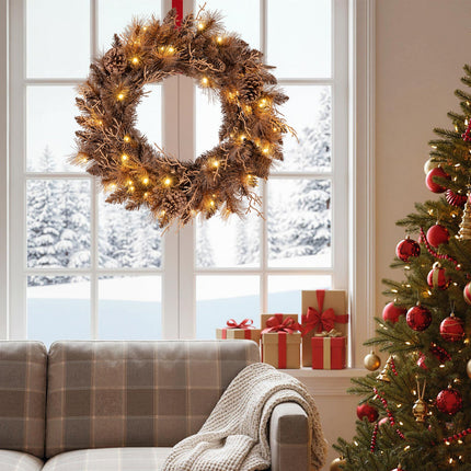 24 Inch Pre-lit Christmas Wreath with 105 Branch Tips and 35 Warm White LED Lights