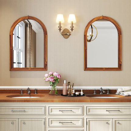 24 Inch x 35 Inch Arched Wall Mirror with Solid Acacia Wood Frame-Brown