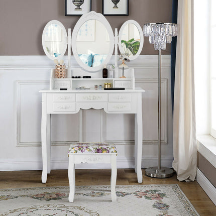 7 Drawer Tri-Folding Mirror Dressing Vanity Makeup Set