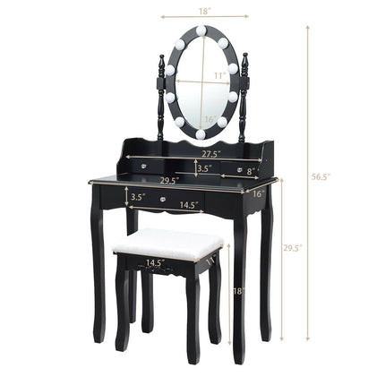 Oval Mirror Vanity Set with 10 LED Dimmable Bulbs and 3 Drawers