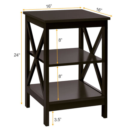 3-Tier Nightstand End Table with X Design Storage