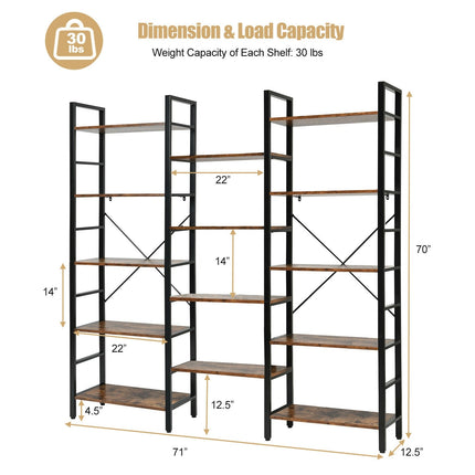 Vintage Triple Wide 5-Tier Bookcase Large Bookshelf Display Storage Shelf