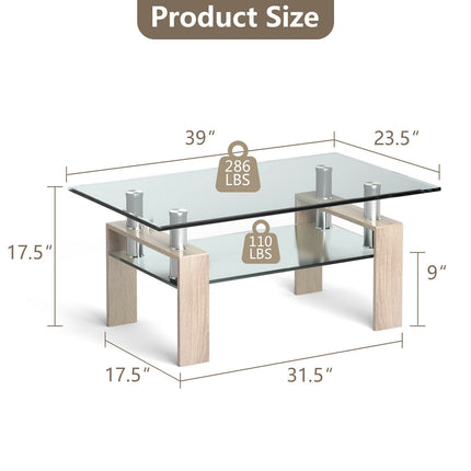 Rectangle Glass Coffee Table with Metal Legs for Living Room