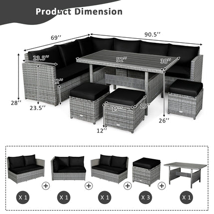 7 Pieces Patio Rattan Dining Furniture Sectional Sofa Set with Wicker Ottoman