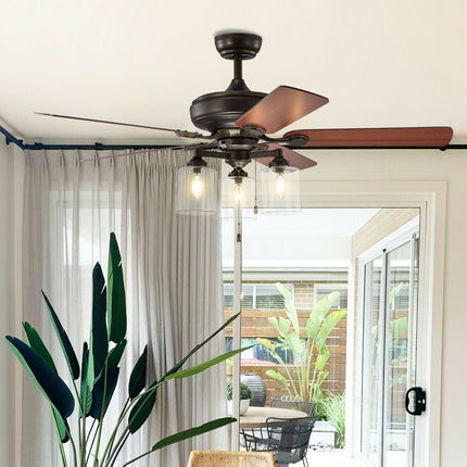 52 Inch Ceiling Fan Light with Pull Chain and 5 Bronze Finished Reversible Blades