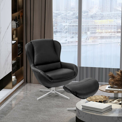 360¬∞ Swivel Leather Lounge Chair with Ottoman and Aluminum Alloy Base