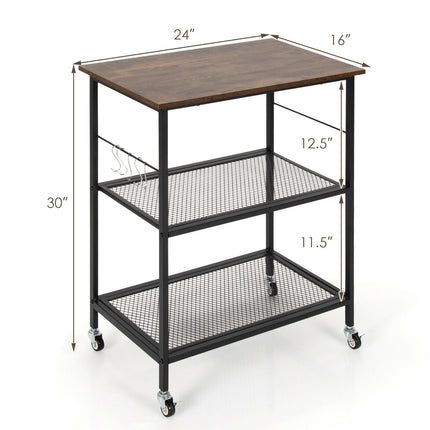 3-Tier Kitchen Serving Cart Utility Standing Microwave Rack with Hooks