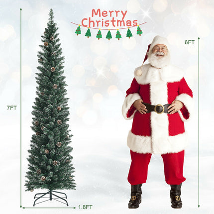 Snowy Artificial Pencil Christmas Tree with Pine Cones