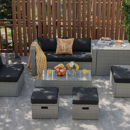 8 Pieces Patio Rattan Furniture Set with Storage Waterproof Cover and Cushion