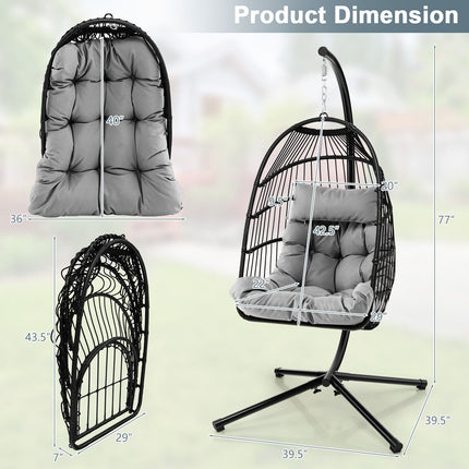Patio Hanging Egg Chair with Stand Waterproof Cover and Folding Basket-Gray