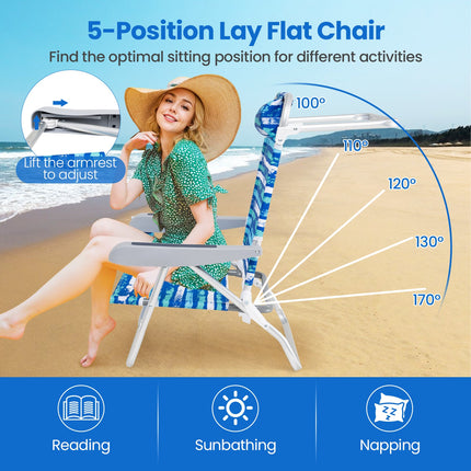 2 Pack Folding Beach Chair with Adjustable Positions and Head Pillow