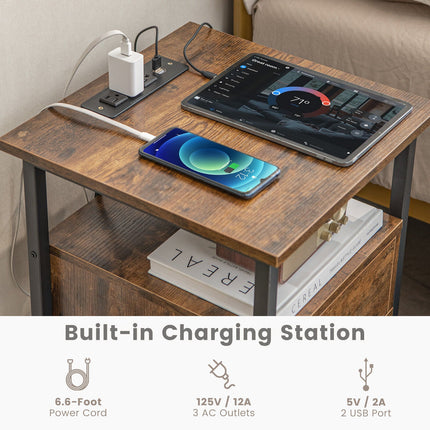 1/2 Pieces 3-Tier Nightstand with Charging Station and Drawer