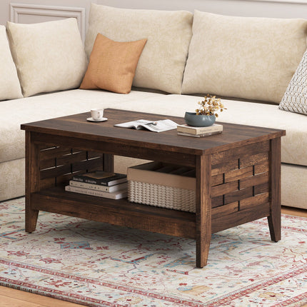 2-Tier Farmhouse Coffee Table with Open Shelf and Woven Decorations for Living Room