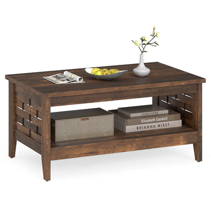 2-Tier Farmhouse Coffee Table with Open Shelf and Woven Decorations for Living Room
