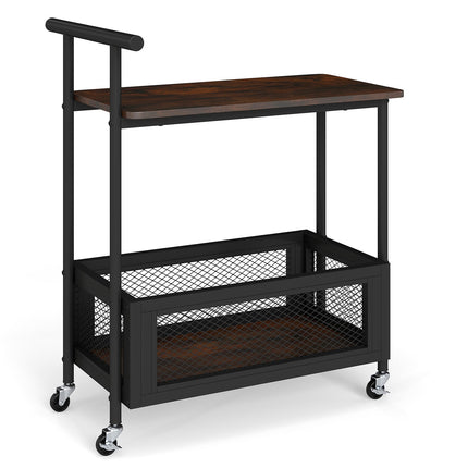 2-Tier Rolling End Table with Handle and Mesh Basket-Rustic Brown