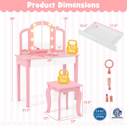 2-in-1 Kids Vanity Table Set with Tri-Folding Detachable Mirror and Lights