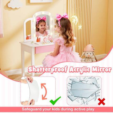 2-in-1 Kids Vanity Table Set with Tri-Folding Detachable Mirror and Lights