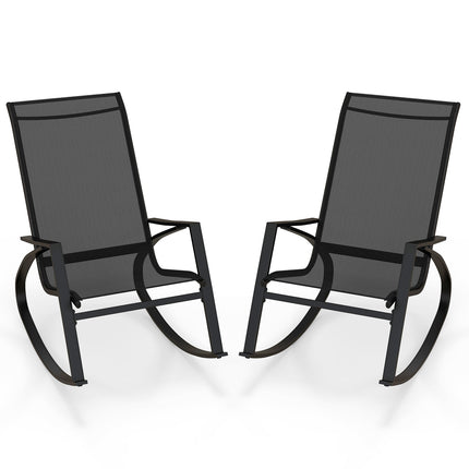 2 Pieces Patio Rocking Chairs Outdoor Sling Fabric Rockers with Ergonomic Backrest and Seat-Black