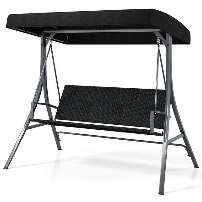 3-Person Porch Swing with Stand Outdoor Canopy Swing with Rattan Seat Back-Black