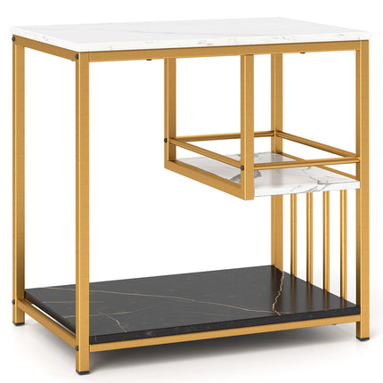 3-Tier Multi-function Marble End Table with Storage Shelf-Golden