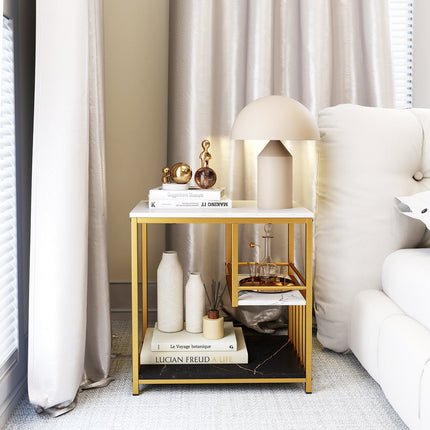 3-Tier Multi-function Marble End Table with Storage Shelf-Golden