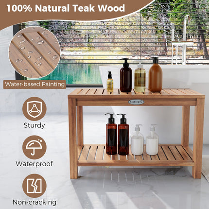 30 Inch Teak Wood Shower Bench Inside Shower Stool with Storage Shelf