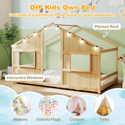 Twin Size House Bed with LED Lights Montessori Slat-free Floor Bed