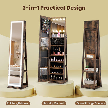 360¬∞ Swivel Freestanding Jewelry Cabinet with Lighted Full Length Mirror