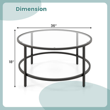 36 Inch Round Coffee Table with Tempered Glass Tabletop