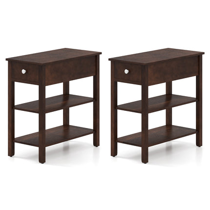 3-Tier Narrow End Table with Drawer and Storage Shelves Set of 2