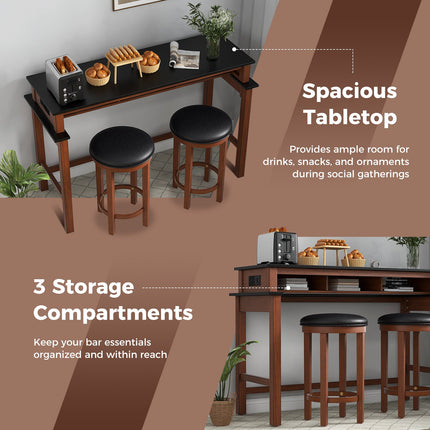3-Piece Home Bar Set with 2 Upholstered Bar Stools Outlets and USB Ports