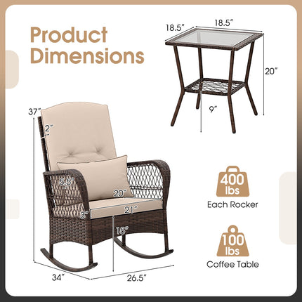 3 Pieces Rocking Bistro Set with 2-Tier Coffee Table