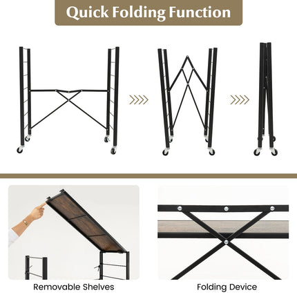 3-Tier Foldable Shelving Unit with Detachable Wheels and Adjustable Shelves