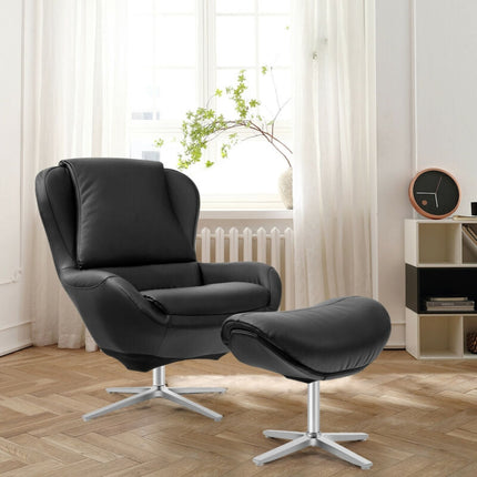 360¬∞ Swivel Leather Lounge Chair with Ottoman and Aluminum Alloy Base