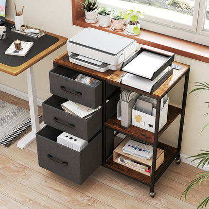 3 Drawer Mobile File Cabinet with Charging Station Rolling Printer Stand with Open Storage Shelves