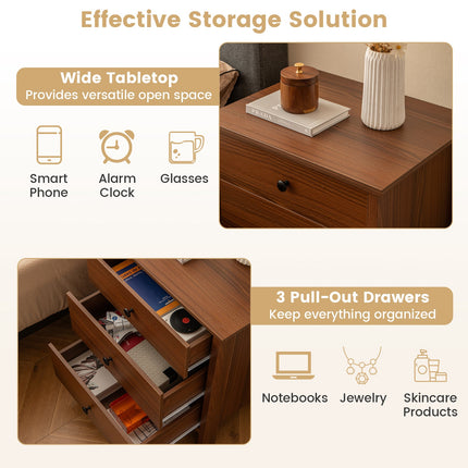 3-Drawer Wooden Nightstand Modern Bedside Table
