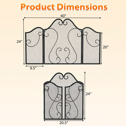 3 Panel Fireplace Screen Foldable Spark Guard Cover with Decorative Scroll
