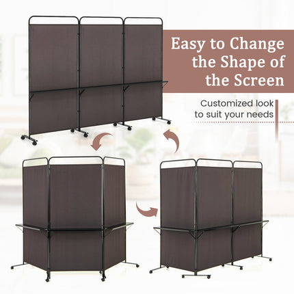 3-Panel Folding Room Divider with 3 Metal Shelves and Lockable Wheels