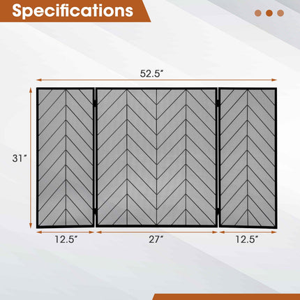 3-Panel Metal Foldable Fireplace Screen with Metal Mesh