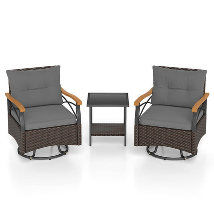 3 Piece Outdoor Swivel Chair Set with Tempered Glass Side Table