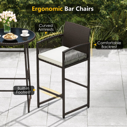 3 Piece Patio Bar Set Outdoor Wicker Bar Height Table and Armchairs-White
