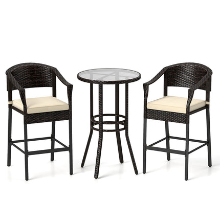 3-Piece Patio Rattan Bar Set with Tempered Glass Top for Backyard Poolside