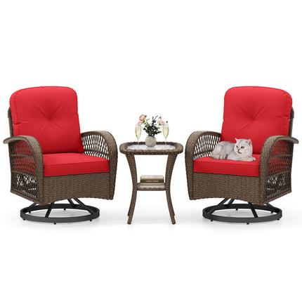 3 Piece Patio Swivel Rocker Set with Tempered Glass Side Table and Thick Cushions