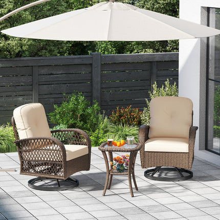 3 Piece Patio Swivel Rocker Set with Tempered Glass Side Table and Thick Cushions